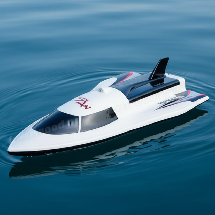 High-powered 40cm RC racing boat by dealonline.co.nz, sleek design with vibrant colors, ready for high-speed water racing.