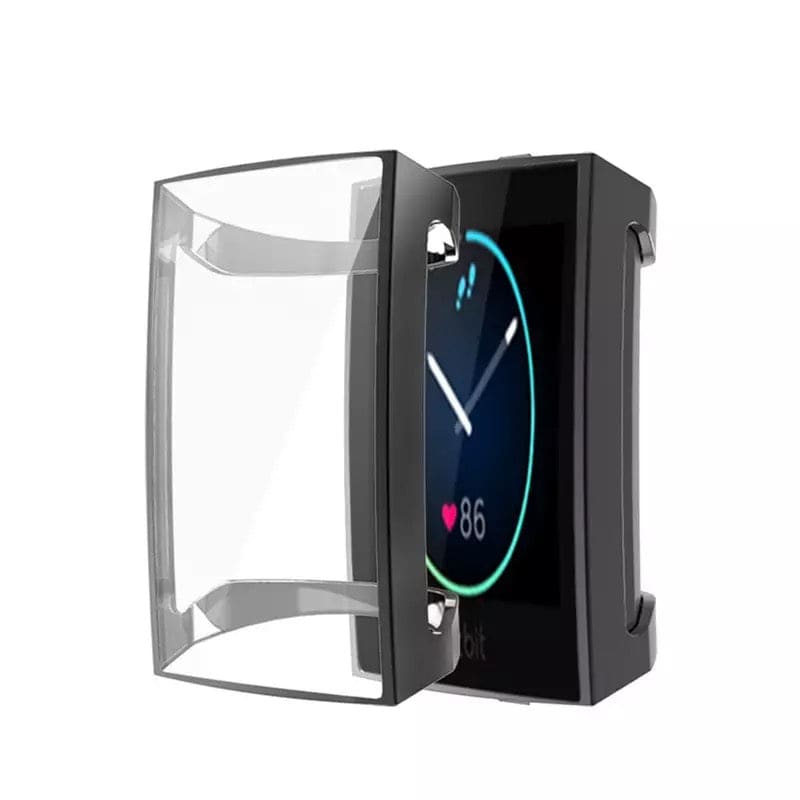 Black protective watch case for Fitbit Charge 3 and 4, designed to shield the device from scratches and impacts.