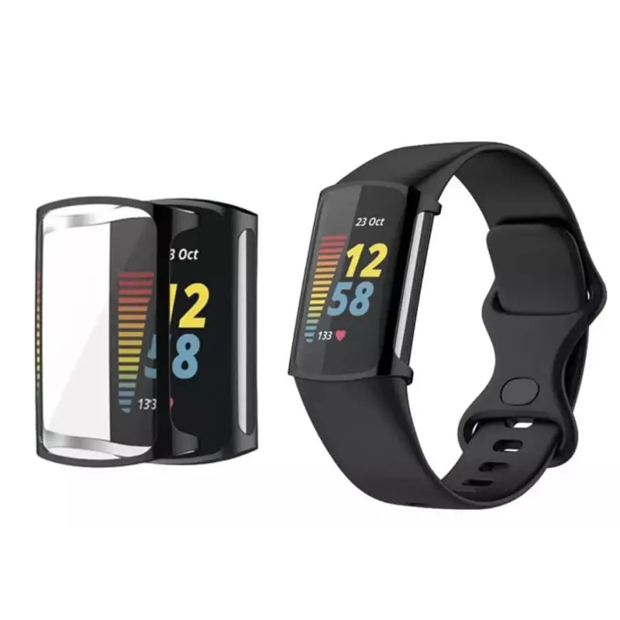 Black Habicare protective case for Fitbit Charge 5 smartwatch, showing a snug fit and durable design for device protection.