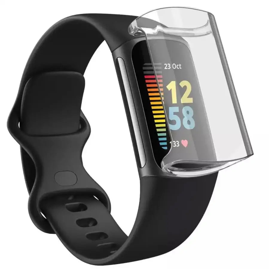 Clear protective case for Fitbit Charge 5 by Habicare, showcasing a transparent watch cover for secure fit and protection.