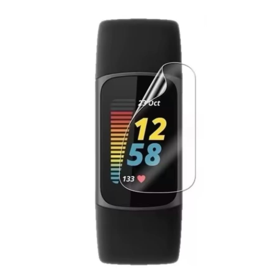 Black hydrogel screen protectors for Fitbit Charge 6, pack of 4, designed to shield the watch screen from scratches and impacts.