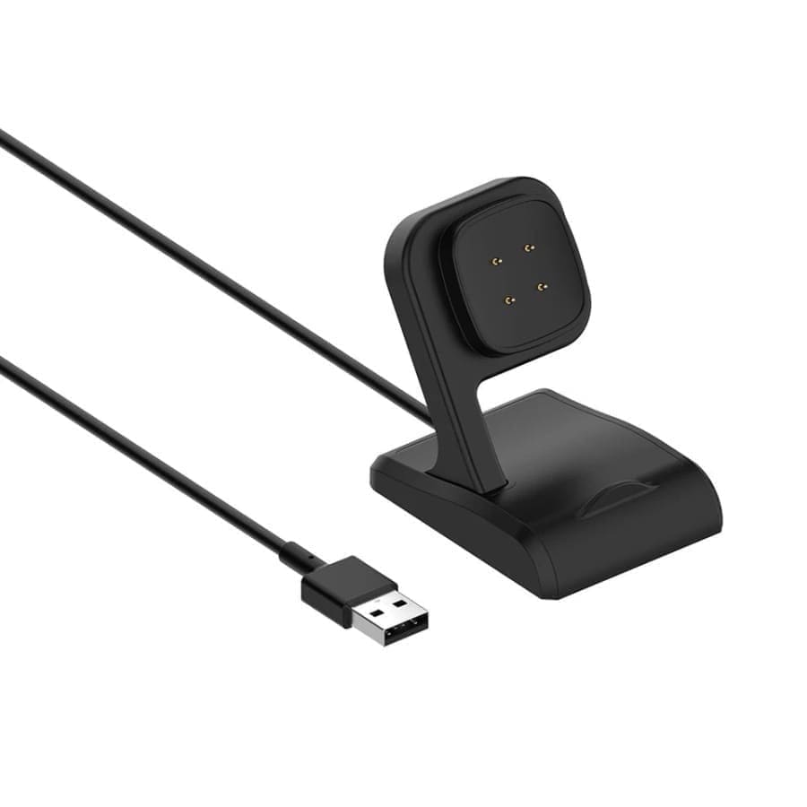 Black Fitbit Versa and Sense charger stand with USB dock, compatible with Versa 4, Versa 3, Sense 2, and Sense smartwatches.