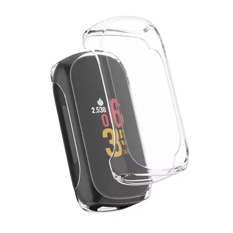 Clear Habicare protective case for Fitbit Inspire 3 watch, showcasing the transparent design and precise fit on the device.