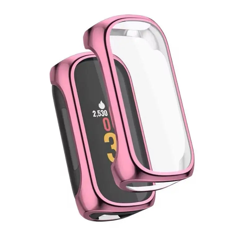 Pink Habicare protective watch case for Fitbit Inspire 3, showing the snug fit and clear design for device protection.
