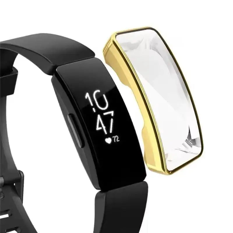 Habicare gold protective watch case for Fitbit Inspire HR, showcasing the sleek, durable design fitted around the device.
