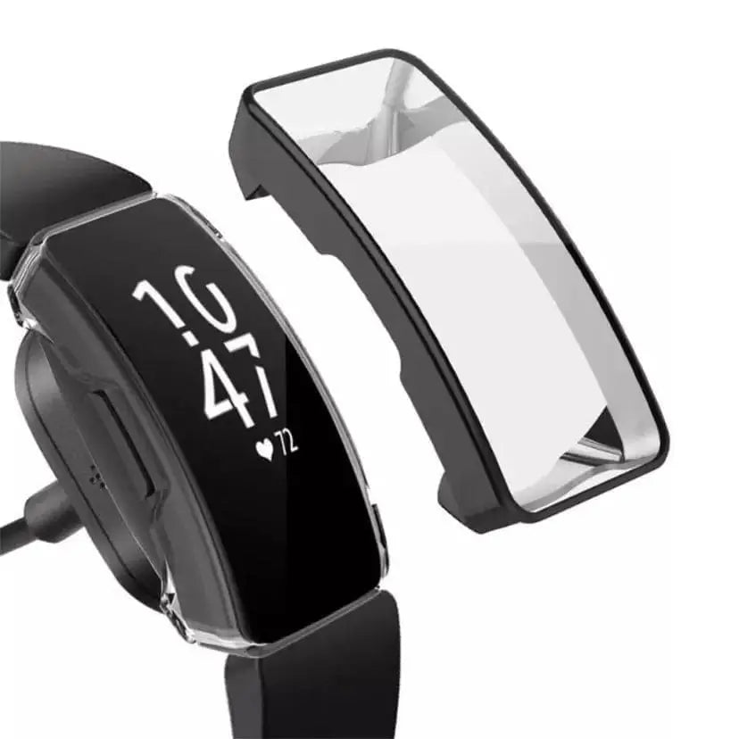 Black Habicare protective case for Fitbit Inspire, made of durable material, fitting snugly around the watch for protection.