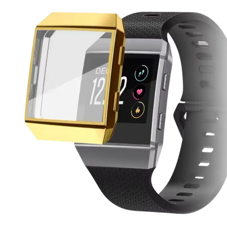 Gold protective case for Fitbit Ionic watch by Habicare, showcasing the sleek, durable watch cover on a Fitbit Ionic.