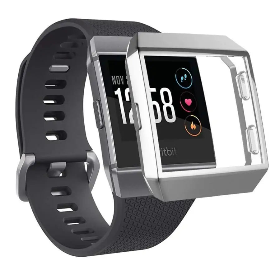 Silver Habicare protective case for Fitbit Ionic watch, showcasing a sleek, durable cover designed to protect the smartwatch.