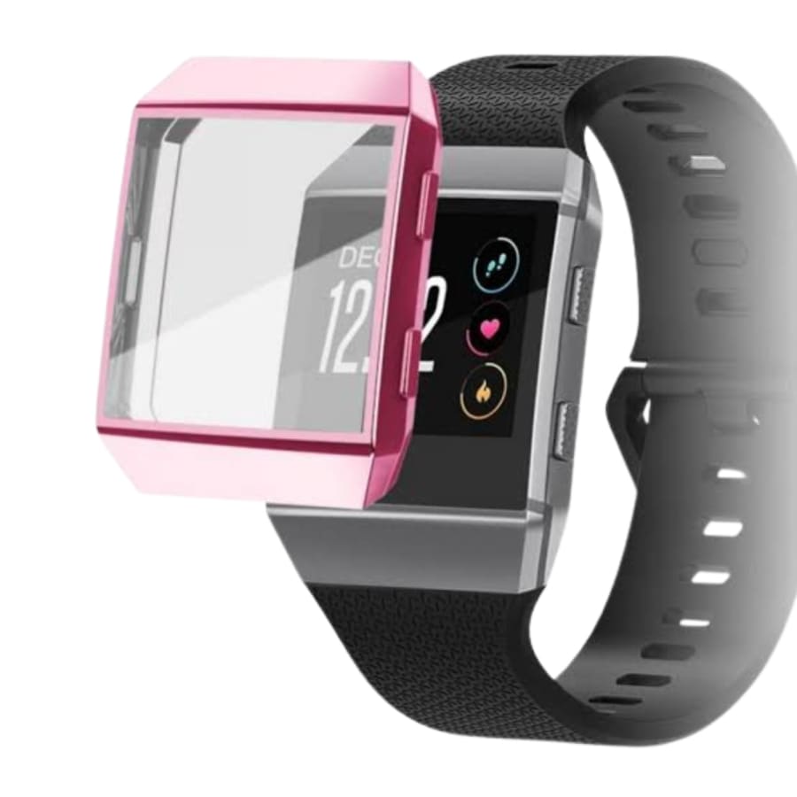 Pink protective watch case for Fitbit Ionic, made by That Watch Shop, shown on a smartwatch with a clear, snug fit.