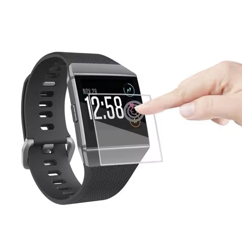 Black Fitbit Ionic screen protectors, pack of 2, designed for smartwatch safety and scratch resistance.