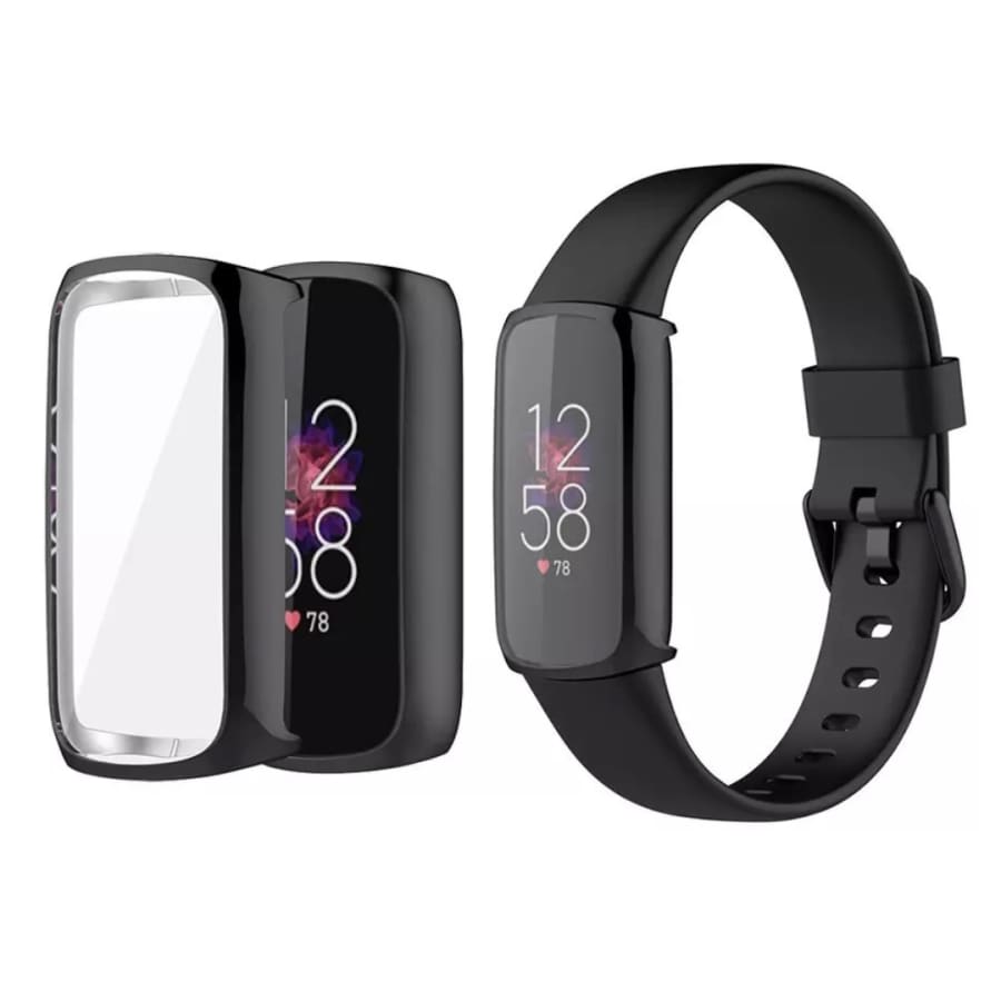Black Fitbit Luxe protective watch case from That Watch Shop, showing a snug fit around the fitness tracker.
