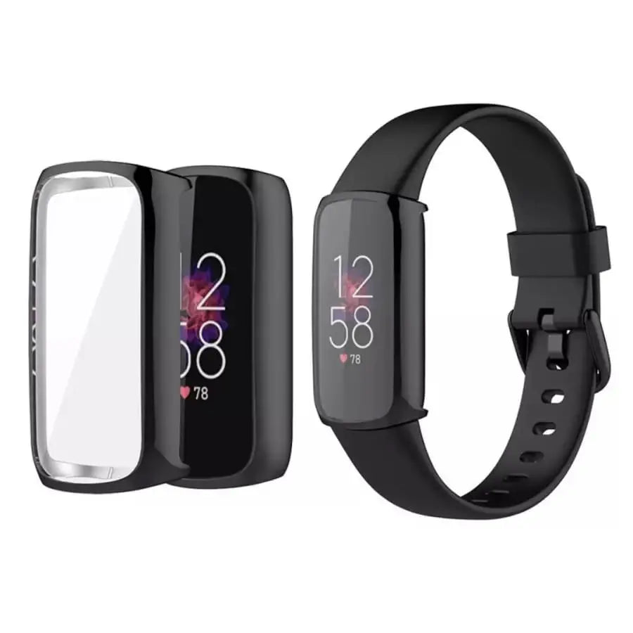 Black Habicare protective case for Fitbit Luxe smartwatch, showing the fitted, durable cover on the device.