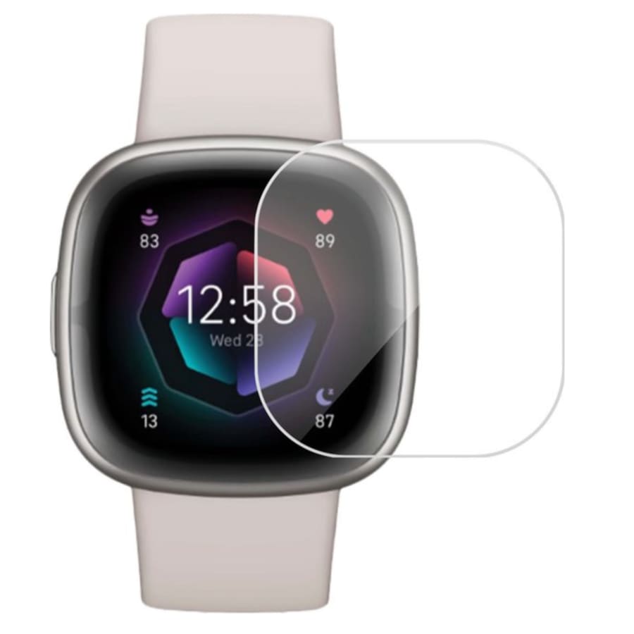 Set of six hydrogel screen protectors for Fitbit Sense 2 smartwatch, illustrating clear protective covers on watch screens