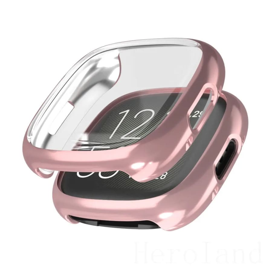 Rosegold protective case for Fitbit Sense 2 smartwatch, clear view of the pink watch with durable cover and precise fit.