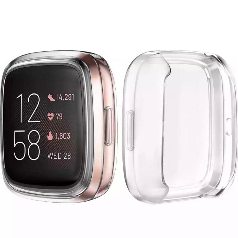 Clear protective case for Fitbit Sense watch, showcasing a slim, transparent design that shields the device while maintaining its look.