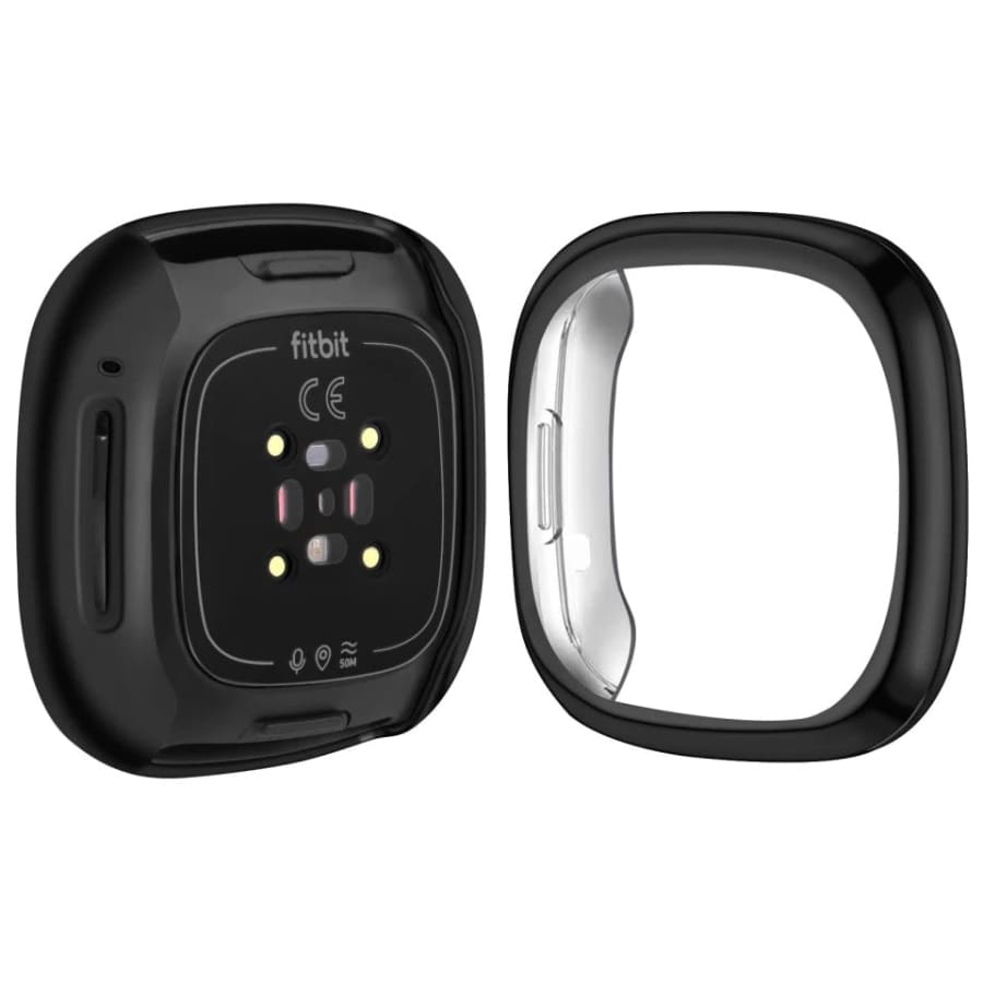 Black protective case for Fitbit Versa 2 by That Watch Shop, showing the durable watch cover on the device.