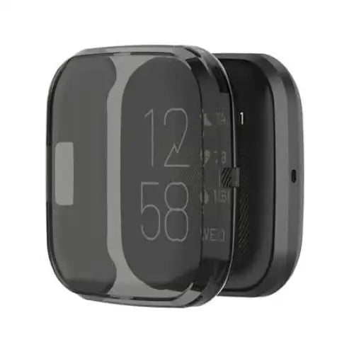 Transparent black Habicare protective case for Fitbit Versa 2 watch, showing a clear, durable shell protecting the device.