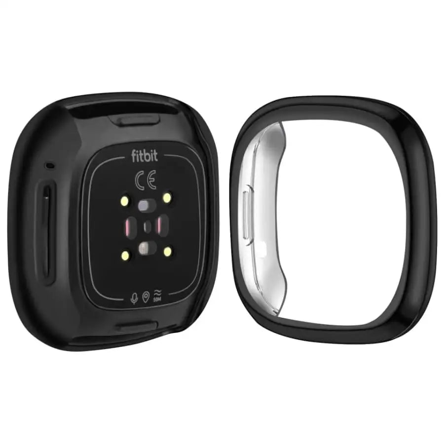 Black Habicare protective case for Fitbit Versa 2 watch, showcasing a snug fit and durable design.