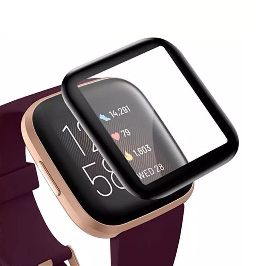 Fitbit Versa 2 smartwatch with clear screen protector from That Watch Shop, showing protected watch face and sleek design.