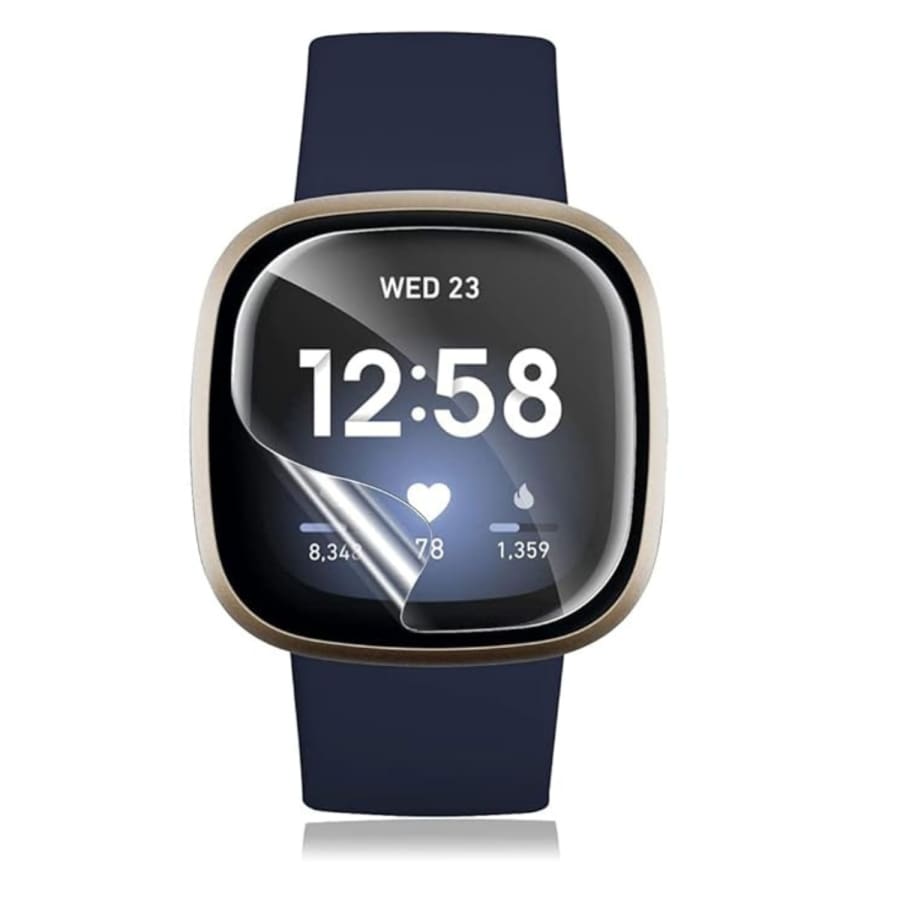 Hydrogel screen protectors for Fitbit Versa 3, pack of 6, showing transparent protectors fitting over watch screens for protection.