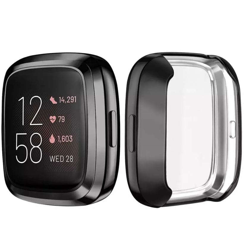 Black protective watch case for Fitbit Versa 3, designed to safeguard the device with a sleek, durable cover.