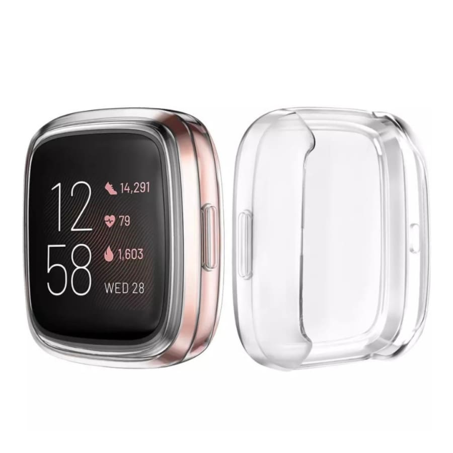 Clear protective case for Fitbit Versa 3 by That Watch Shop, showing the transparent watch cover on the device.