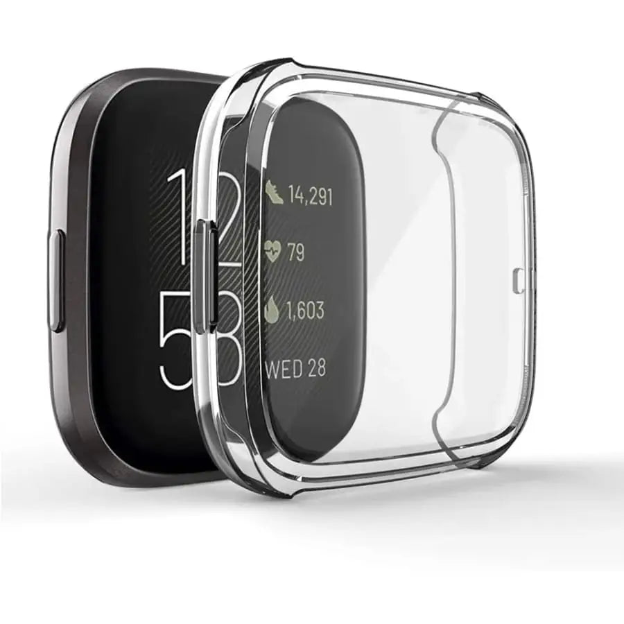 Clear Habicare protective case for Fitbit Versa 4 watch, showcasing a transparent, durable cover on the smartwatch.