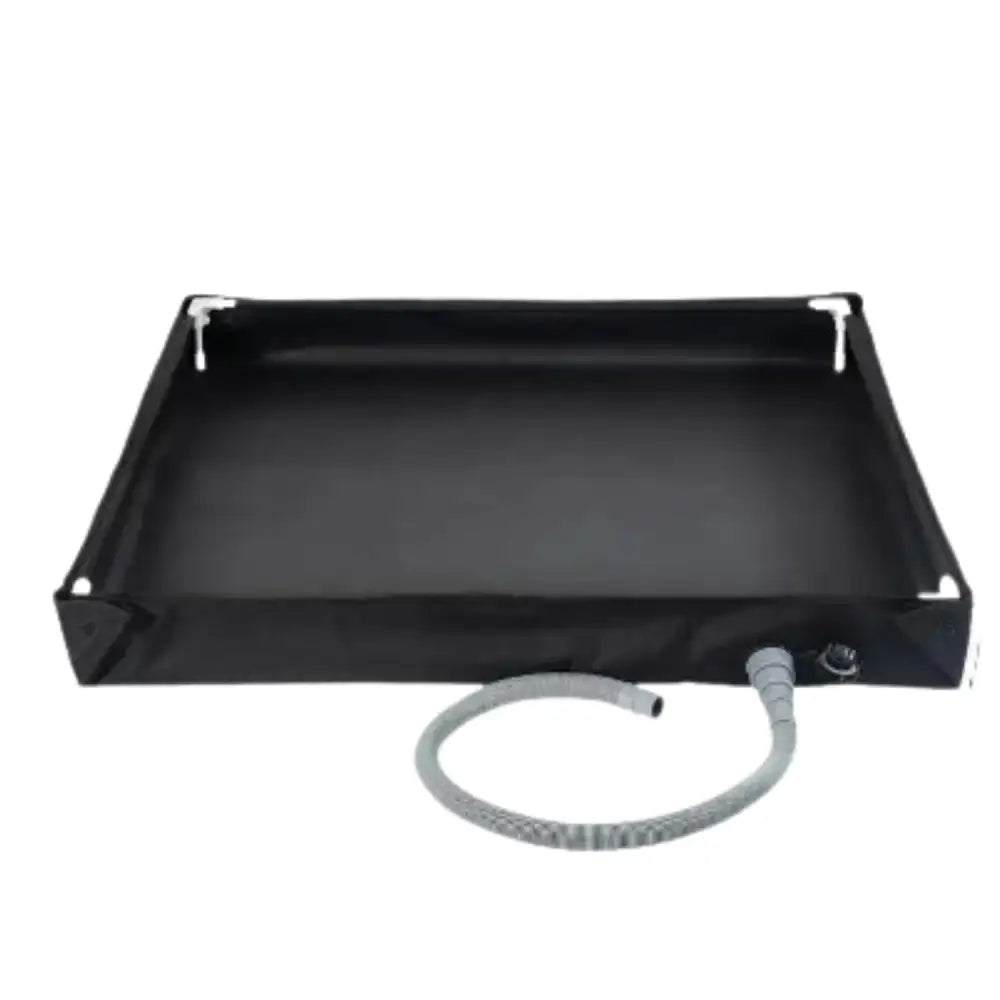 Stainless steel foldable camping shower pan by Habicare, compact and portable for outdoor shower use.
