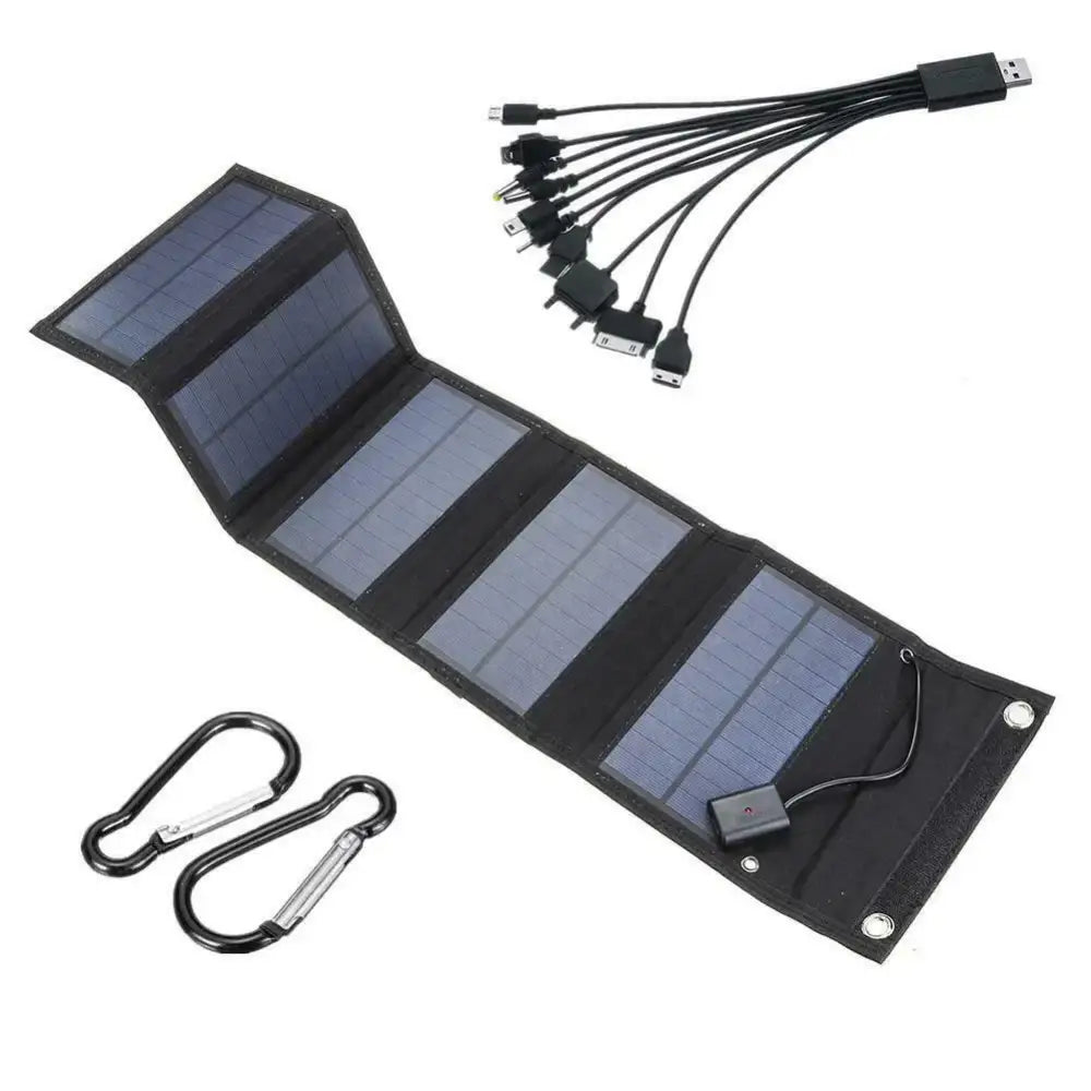 Habicare 12W foldable solar panel with 5V output, compact and portable design for charging batteries outdoors.