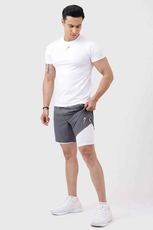 Fuaark Nz 2-in-1 compression shorts in grey with white accents, designed for athletic performance and comfort.