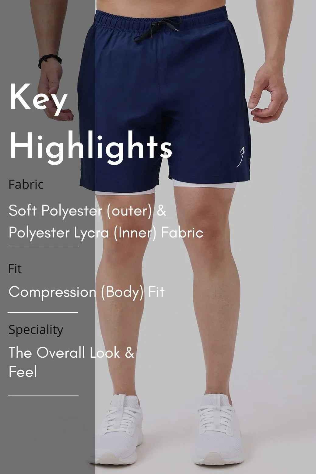 Navy 2-in-1 compression shorts by Fuaark NZ, featuring a sleek design and stretchy fabric for athletic performance.