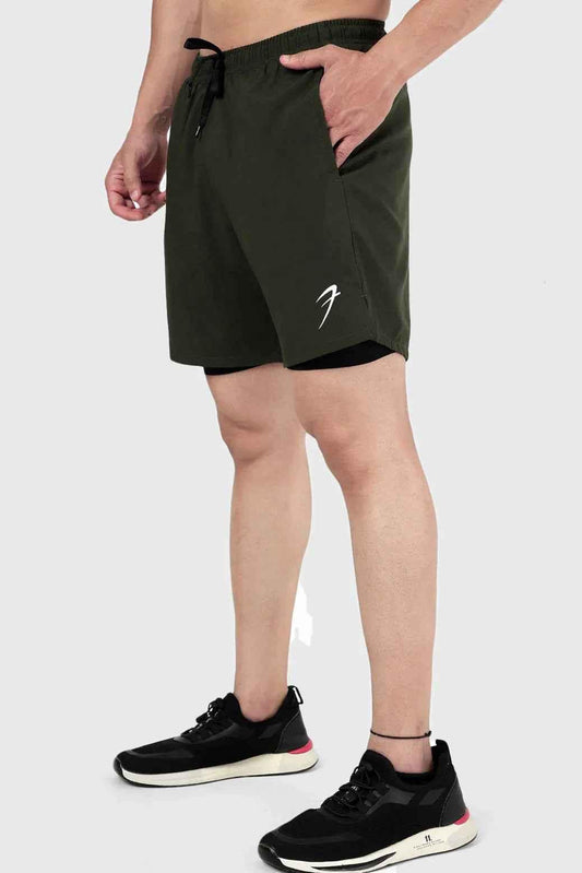 Fuaark Nz 2-in-1 compression shorts in olive color, designed for comfort and performance, shown with elastic waistband and sleek fabric