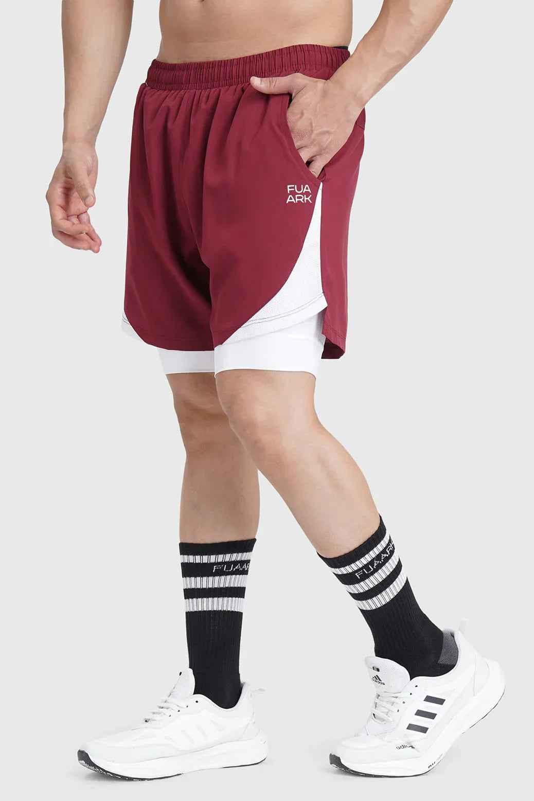Fuaark NZ 2-in-1 maroon mesh shorts, men's athletic shorts with breathable fabric and stylish design for comfort and active wear.