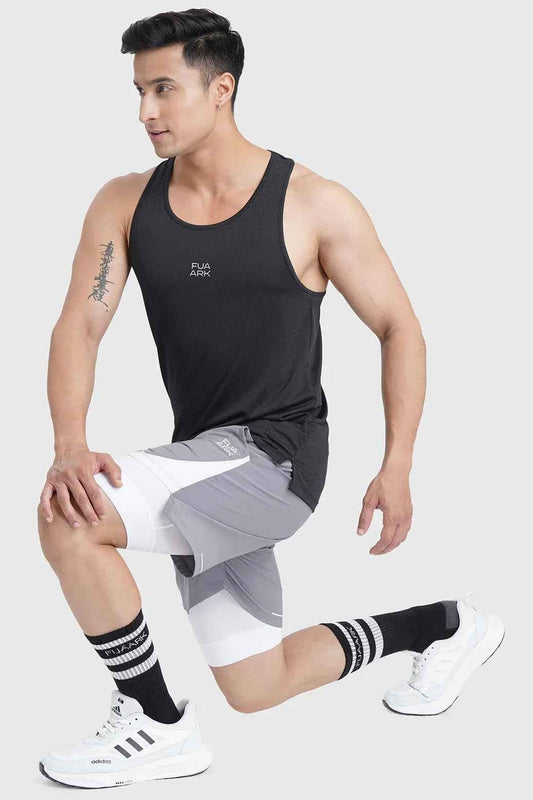 Fuaark Nz 2-in-1 mesh shorts in foggy grey with white accents, lightweight and breathable for active wear.