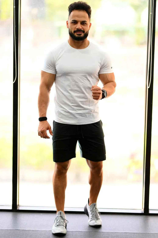 Fuaark Nz black box shorts with grey accents, comfortable casual shorts for men or women, relaxed fit and stylish design