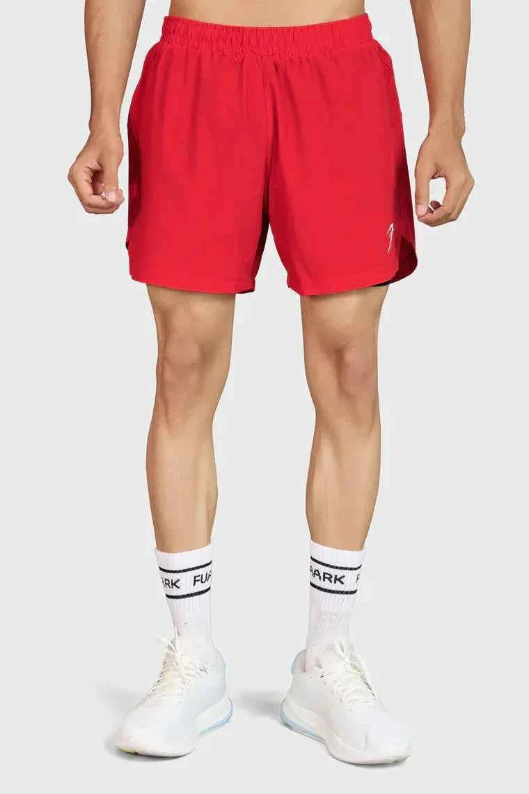 Fuaark Nz Hyper 5-inch red running shorts with lightweight, high-performance fabric for active workouts and running activities.