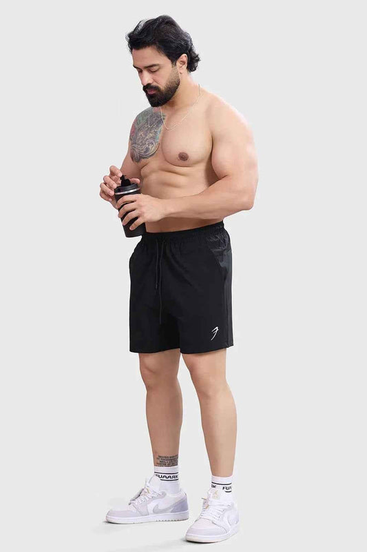 Black Thread Shorts by Fuaark Nz, casual men's shorts with a relaxed fit and stylish design, shown on a model.