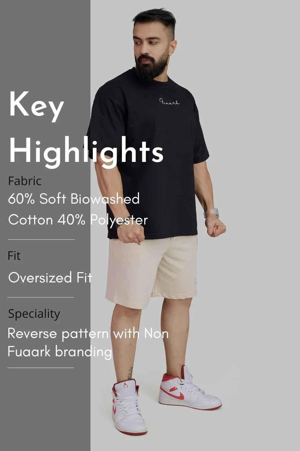Beige oversized shorts by Fuaark Nz, designed for comfort, with a relaxed fit and casual style.