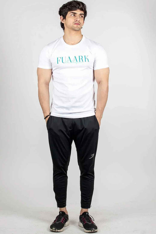 White T-shirt by Fuaark Nz, classic and comfortable, shown flat with short sleeves and a crew neckline.