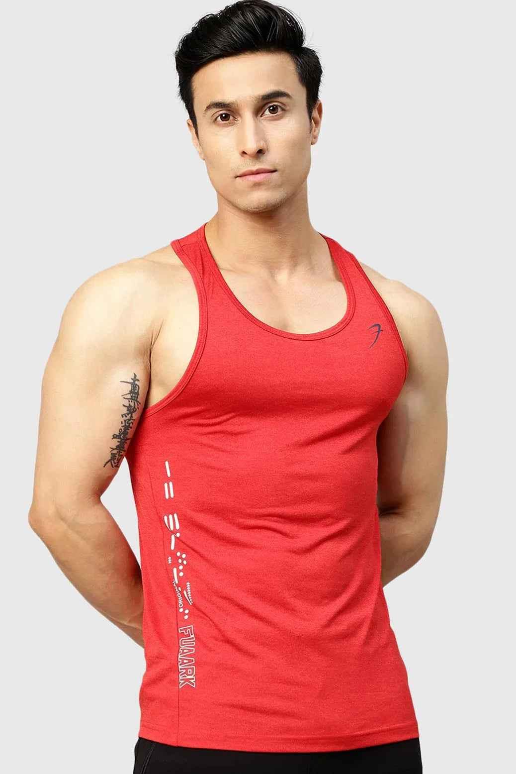 Red Bold Melange Tank Top by Fuaark Nz, stylish and comfortable activewear tank top with a modern design.