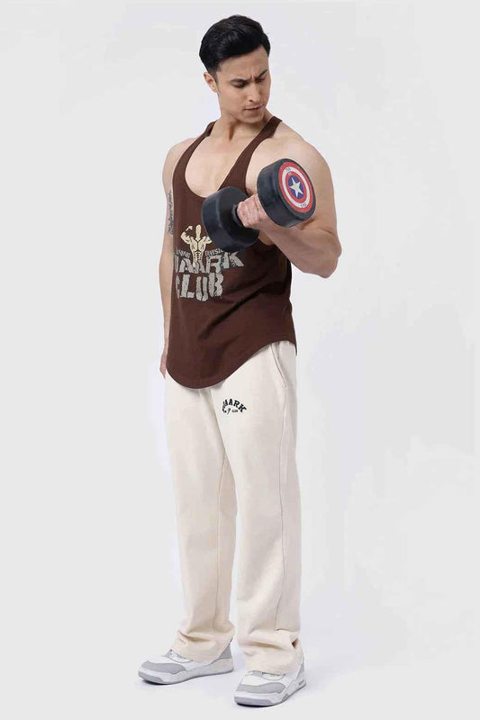 Fuaark Nz Club Stringer Coffee tank top, black sleeveless athletic shirt with white logo, designed for active wear.