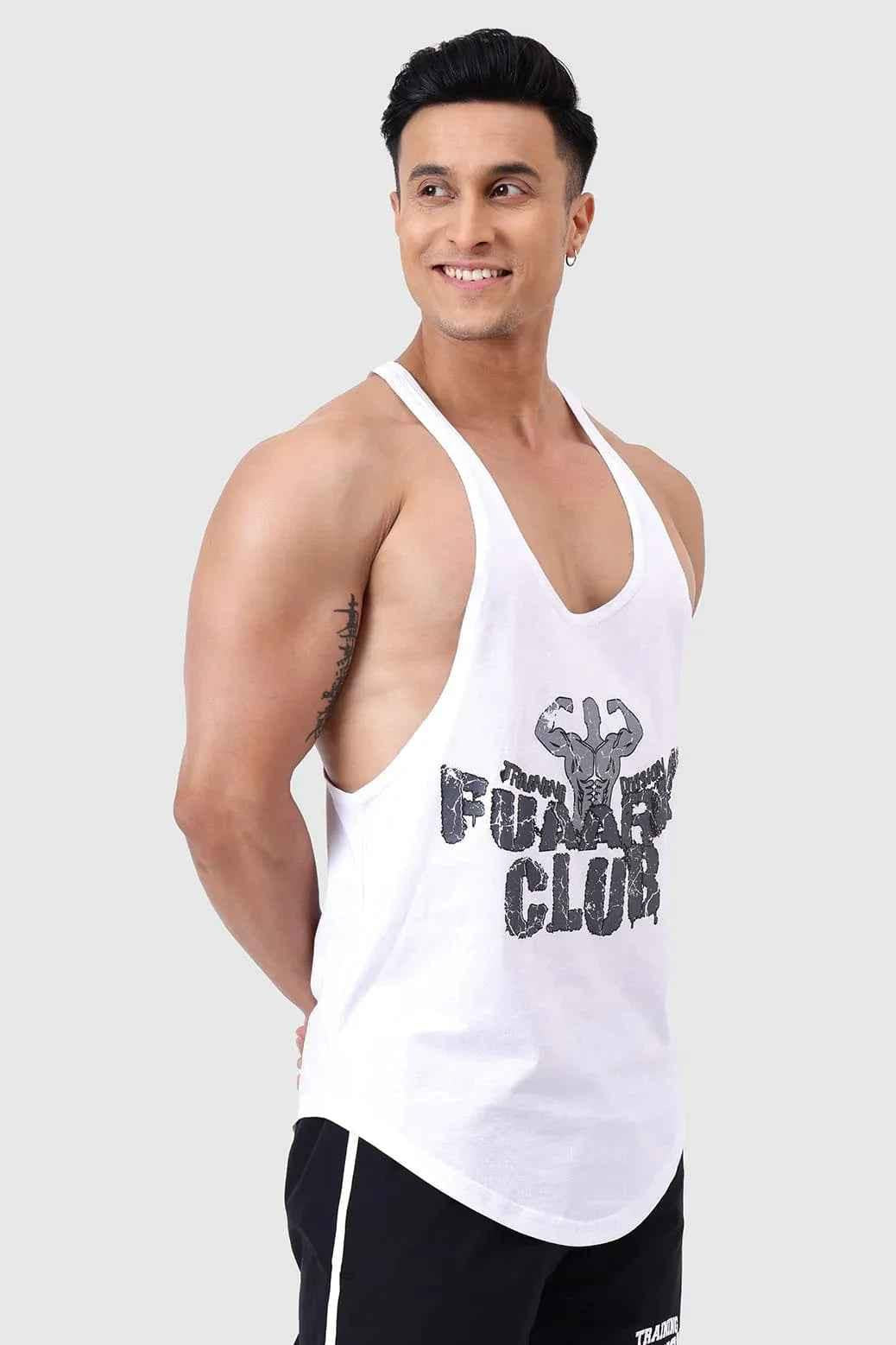 White Fuaark Club Stringer tank top for men, premium quality fitness apparel by Fuaark Nz, designed for ultimate performance.