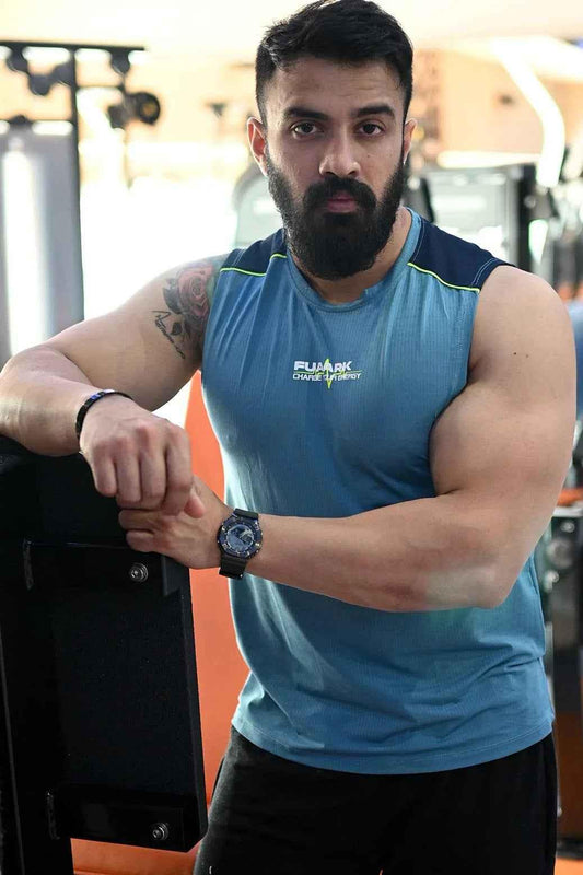 Sky blue Fuaark Nz lining tank top shown on a model, sleeveless design, casual style perfect for summer wear