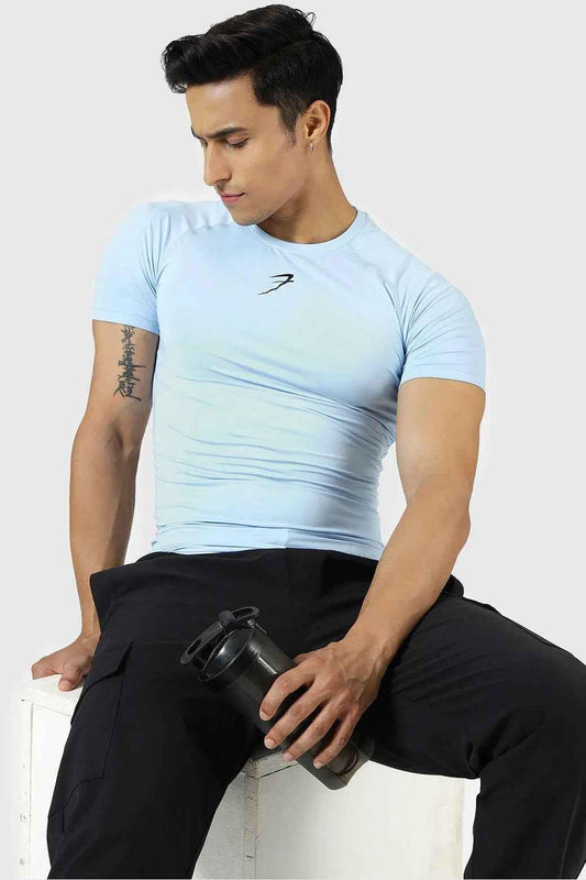 Men's compression T-shirt in Glacial Blue by Fuaark Nz, soft fit and athletic design for active wear.