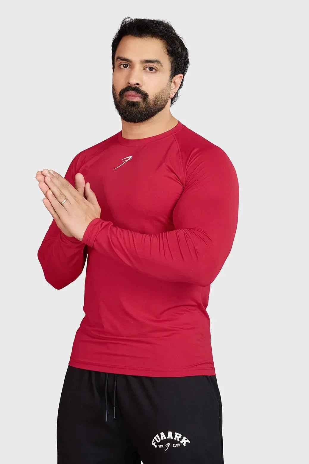 Red Fuaark Nz Core full-sleeve T-shirt, casual fit, soft fabric, shown on a model.