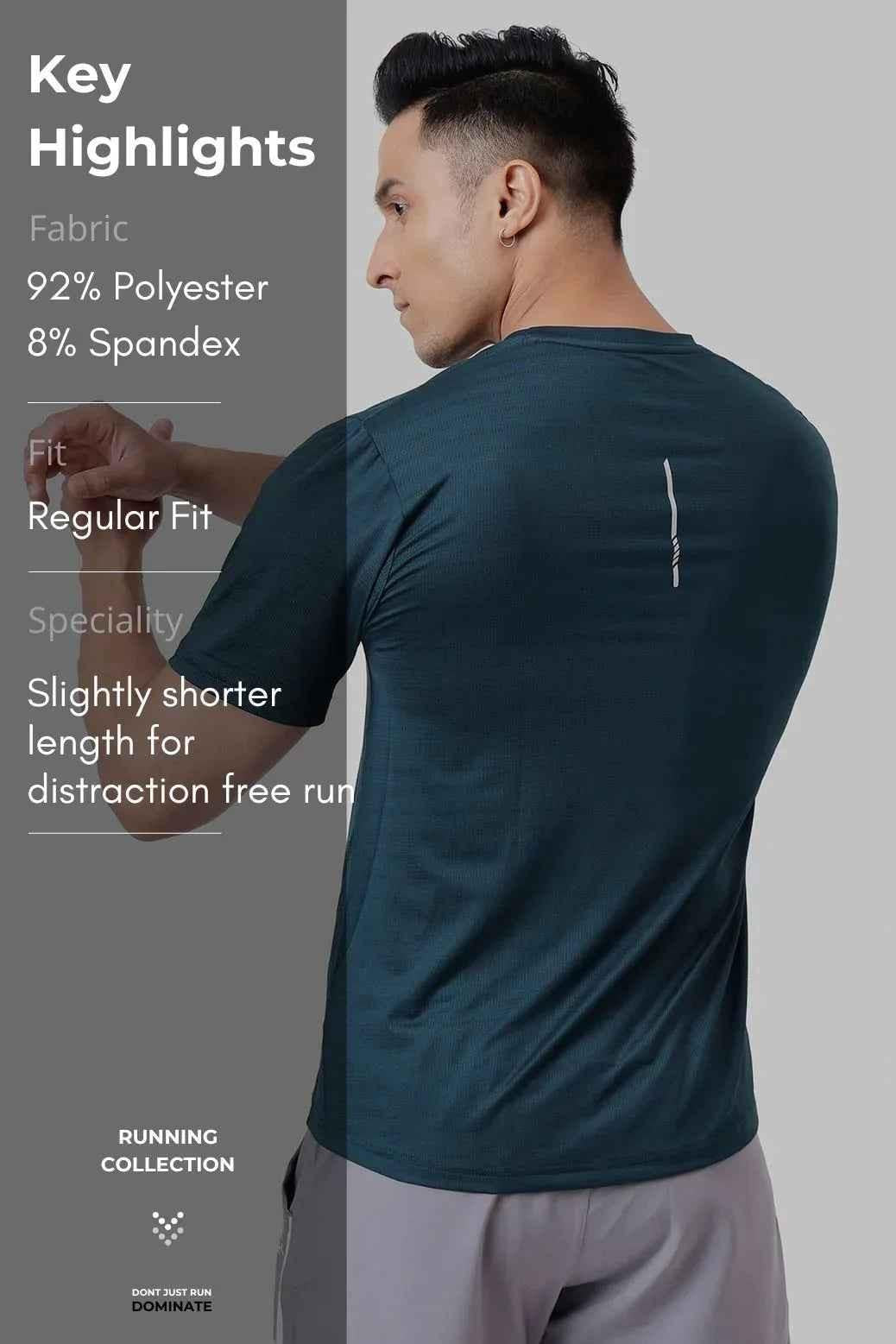 Bottle green Ember Running T-shirt by Fuaark Nz, made of breathable fabric, displayed flat with front view.