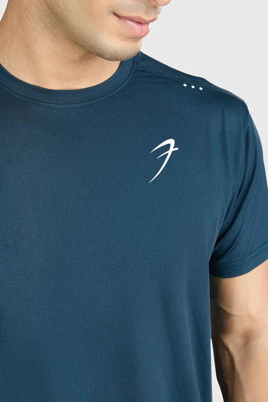 Laser cut Orion Blue running T-shirt by Fuaark Nz, lightweight athletic T-shirt with intricate laser-cut design.
