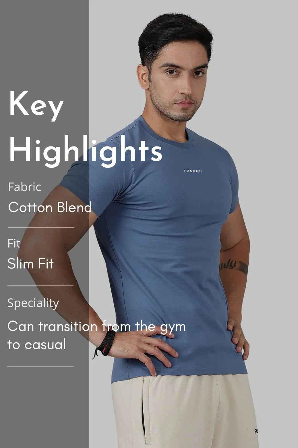 Fuaark Nz Legacy Crew Neck T-shirt in Dusk Blue, soft cotton, casual fit, shown on a hanger.