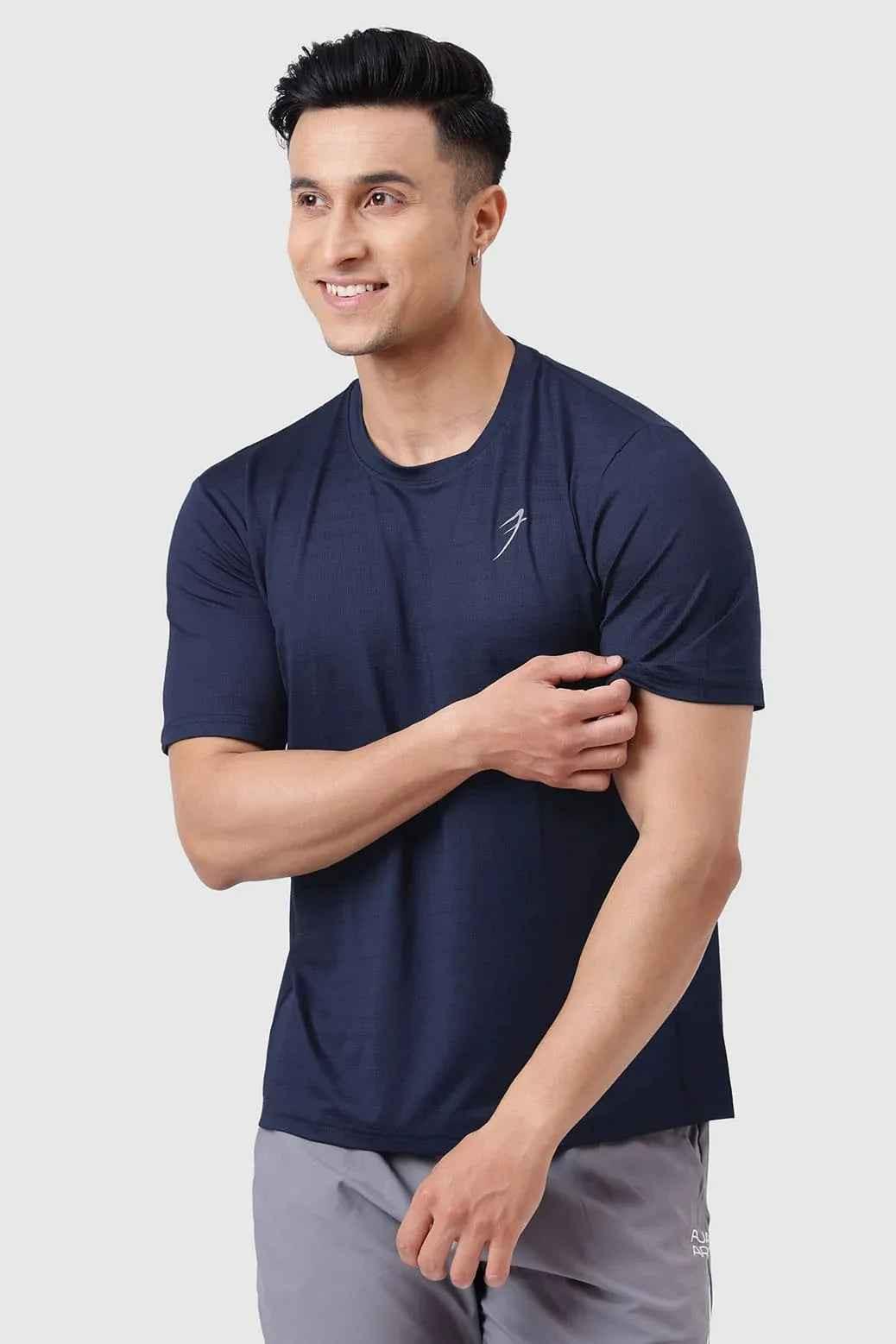 Navy Ember running T-shirt by Fuaark Nz, performance T-shirt for runners, lightweight and breathable athletic apparel.
