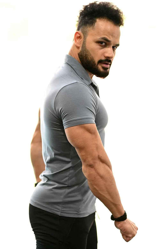 Grey Polo T-shirt by Fuaark NZ, showing the classic collar and short sleeves on a casual men's shirt.